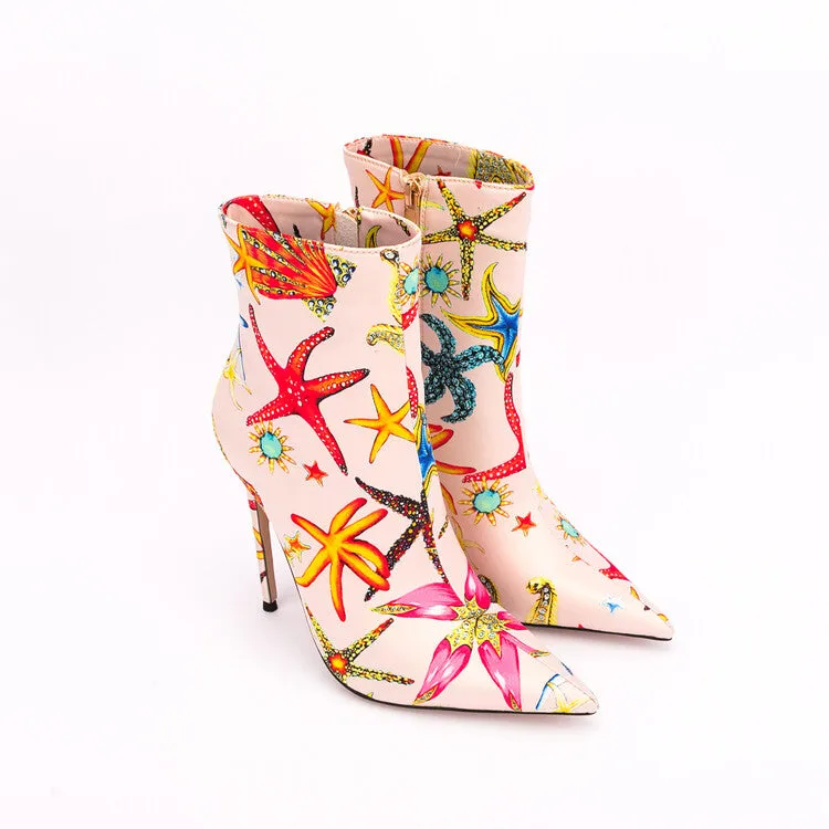 Ocean Dream Printed Pointed Toe Ankle Boots