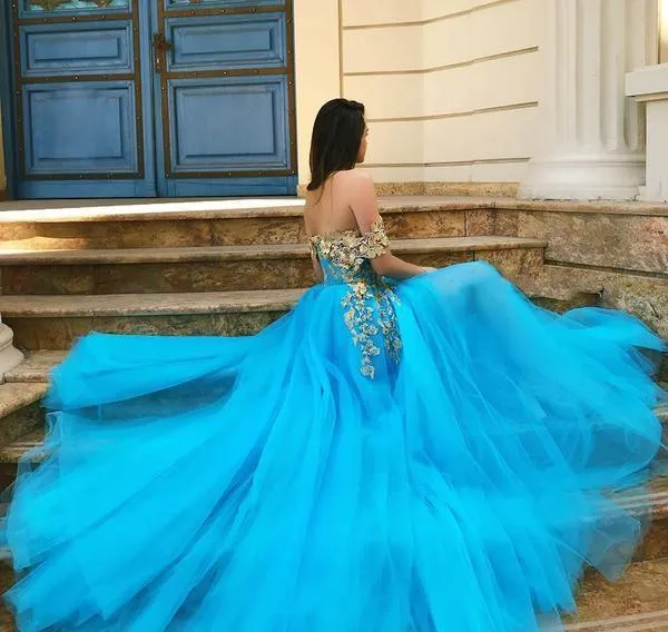 Off Shoulder Blue Lace Tulle Prom Dresses Long Formal Dress  PSK044