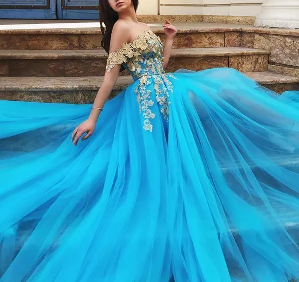 Off Shoulder Blue Lace Tulle Prom Dresses Long Formal Dress  PSK044