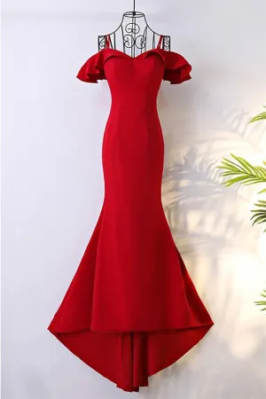 Off Shoulder Classy Long Red Mermaid Prom Dress With Train PG596