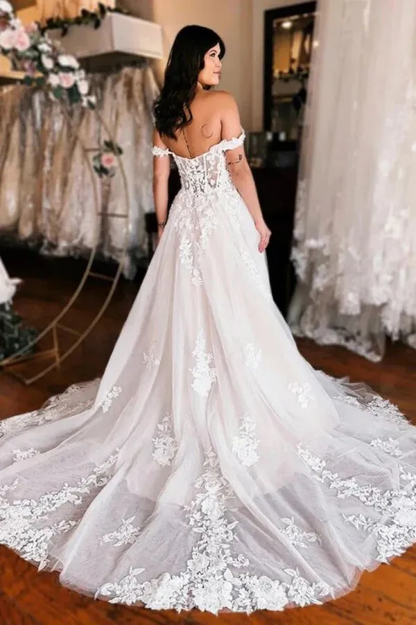 Off Shoulder Elegant Wedding Dress Boho Wedding Dress With Slit  WD735