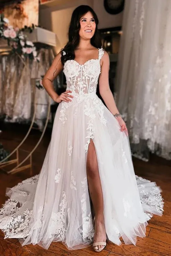 Off Shoulder Elegant Wedding Dress Boho Wedding Dress With Slit  WD735