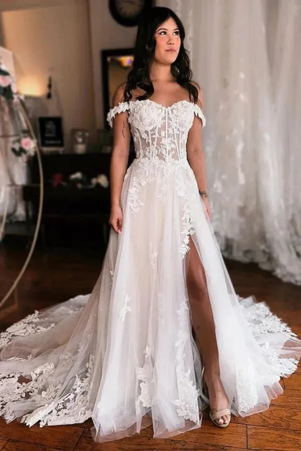 Off Shoulder Elegant Wedding Dress Boho Wedding Dress With Slit  WD735