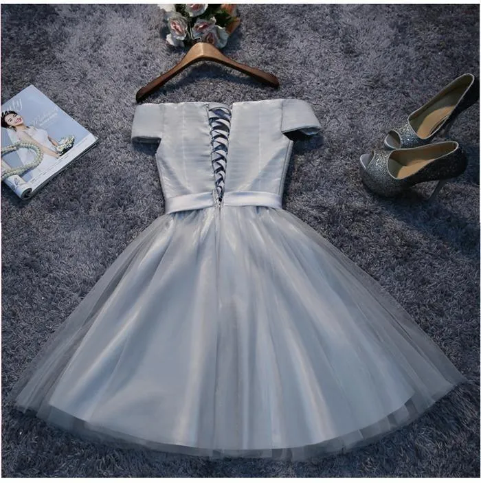 Off Shoulder Grey Tulle Short Prom Dresses Homecoming Dresses PD111