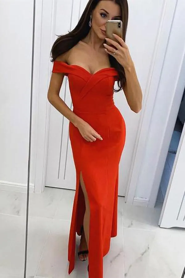 Off the Shoulder Burgundy Satin Long Prom Dresses With Slit PG541