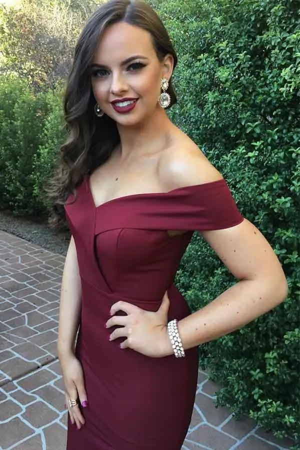 Off the Shoulder Burgundy Satin Long Prom Dresses With Slit PG541