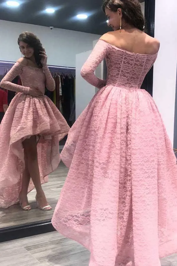 Off-the-Shoulder High Low Pink Long Sleeves Lace Prom Dress PG496