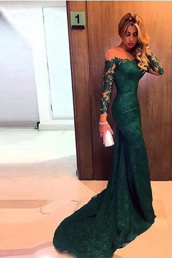 Off the Shoulder Long Sleeves Mermaid Lace Evening Dress Prom Dresses PG318