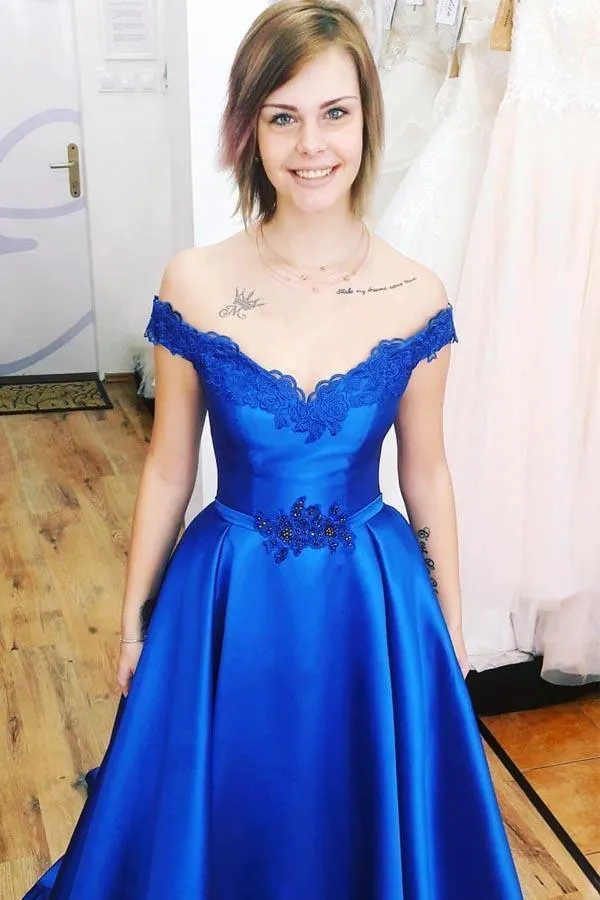 Off the Shoulder Royal Blue Long Prom Dress with Lace-Up Back PG861