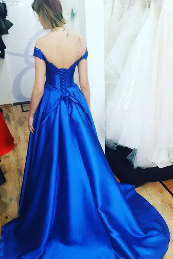 Off the Shoulder Royal Blue Long Prom Dress with Lace-Up Back PG861