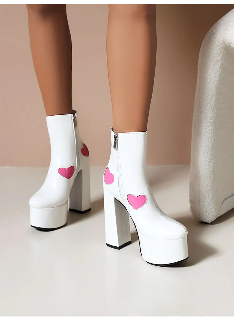 PU Leather Heart Patch Platform Boots