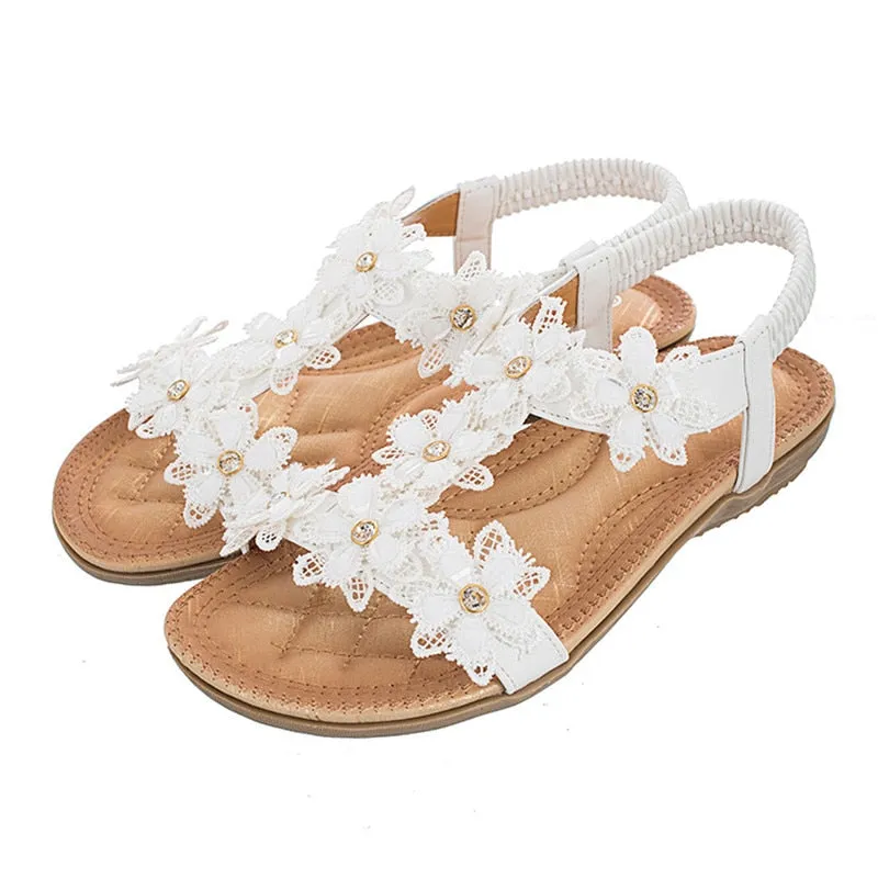 Purpdrank - Comfortable flat sandals women big size summer shoes woman bohemia flowers rhinestone beach ladies shoes thongs