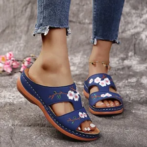 Purpdrank - Sandals Comfortable Platform Soft Women Casual Slippers Embroider Flower Colorful Ethnic Flat Open Toe Outdoor Beach Shoes