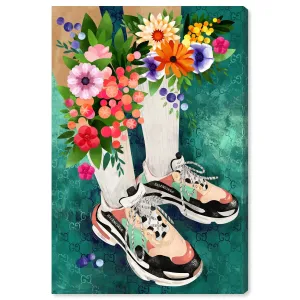 "Blooming Socks and Sneakers", Colorful floral sneaker outfit Modern Green Canvas Wall Art Print for Bedroom