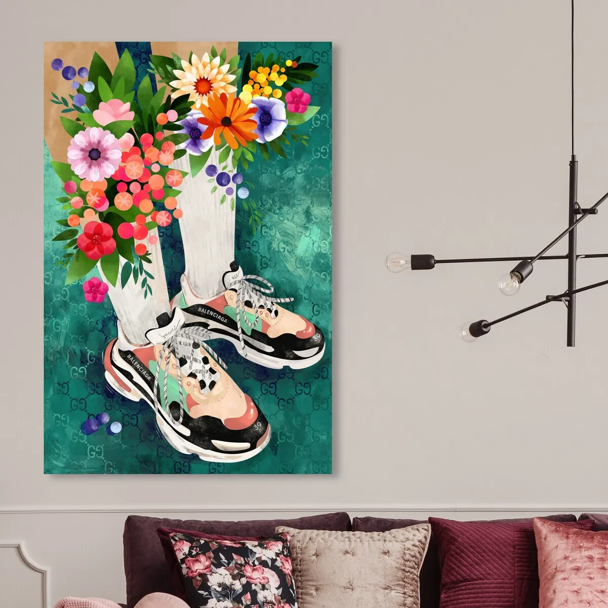 "Blooming Socks and Sneakers", Colorful floral sneaker outfit Modern Green Canvas Wall Art Print for Bedroom