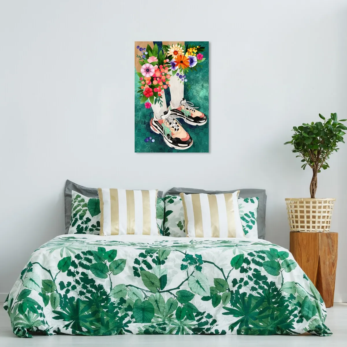 "Blooming Socks and Sneakers", Colorful floral sneaker outfit Modern Green Canvas Wall Art Print for Bedroom