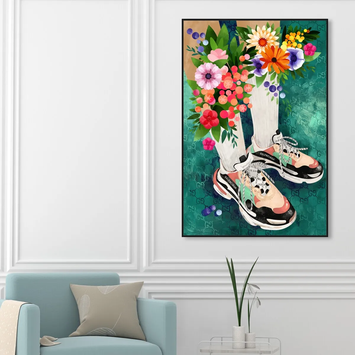 "Blooming Socks and Sneakers", Colorful floral sneaker outfit Modern Green Framed Canvas Wall Art Print for Bedroom