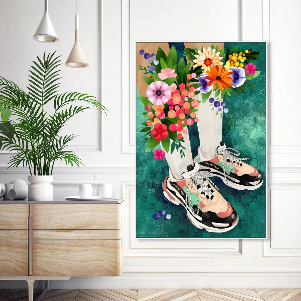 "Blooming Socks and Sneakers", Colorful floral sneaker outfit Modern Green Framed Canvas Wall Art Print for Bedroom