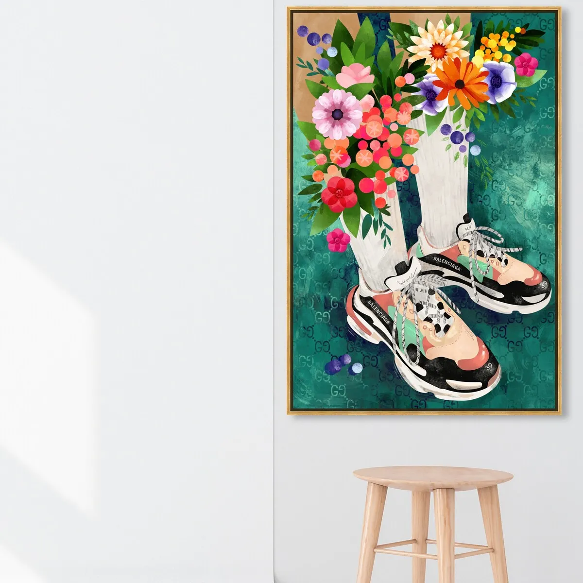 "Blooming Socks and Sneakers", Colorful floral sneaker outfit Modern Green Framed Canvas Wall Art Print for Bedroom