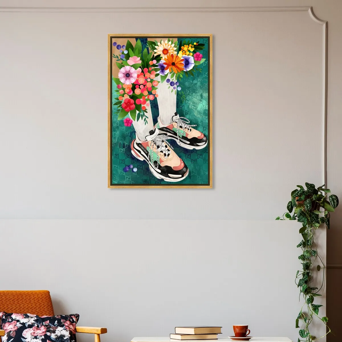 "Blooming Socks and Sneakers", Colorful floral sneaker outfit Modern Green Framed Canvas Wall Art Print for Bedroom