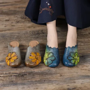 Retro Leather Slippers with Flowers in Yellow/Green