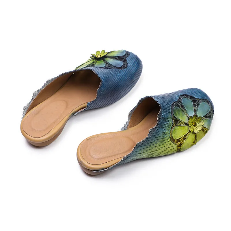 Retro Leather Slippers with Flowers in Yellow/Green