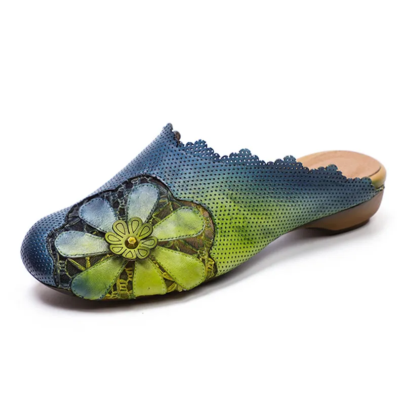 Retro Leather Slippers with Flowers in Yellow/Green