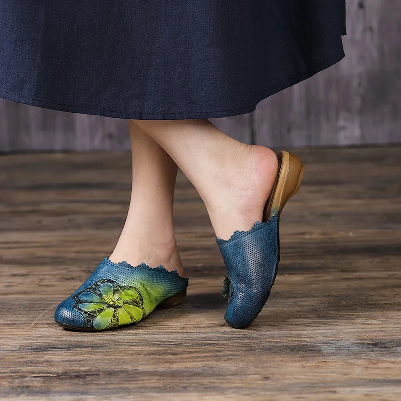 Retro Leather Slippers with Flowers in Yellow/Green