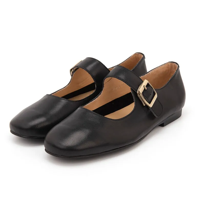 Round Toe Leather Mary Jane Shoes in Black/Brown