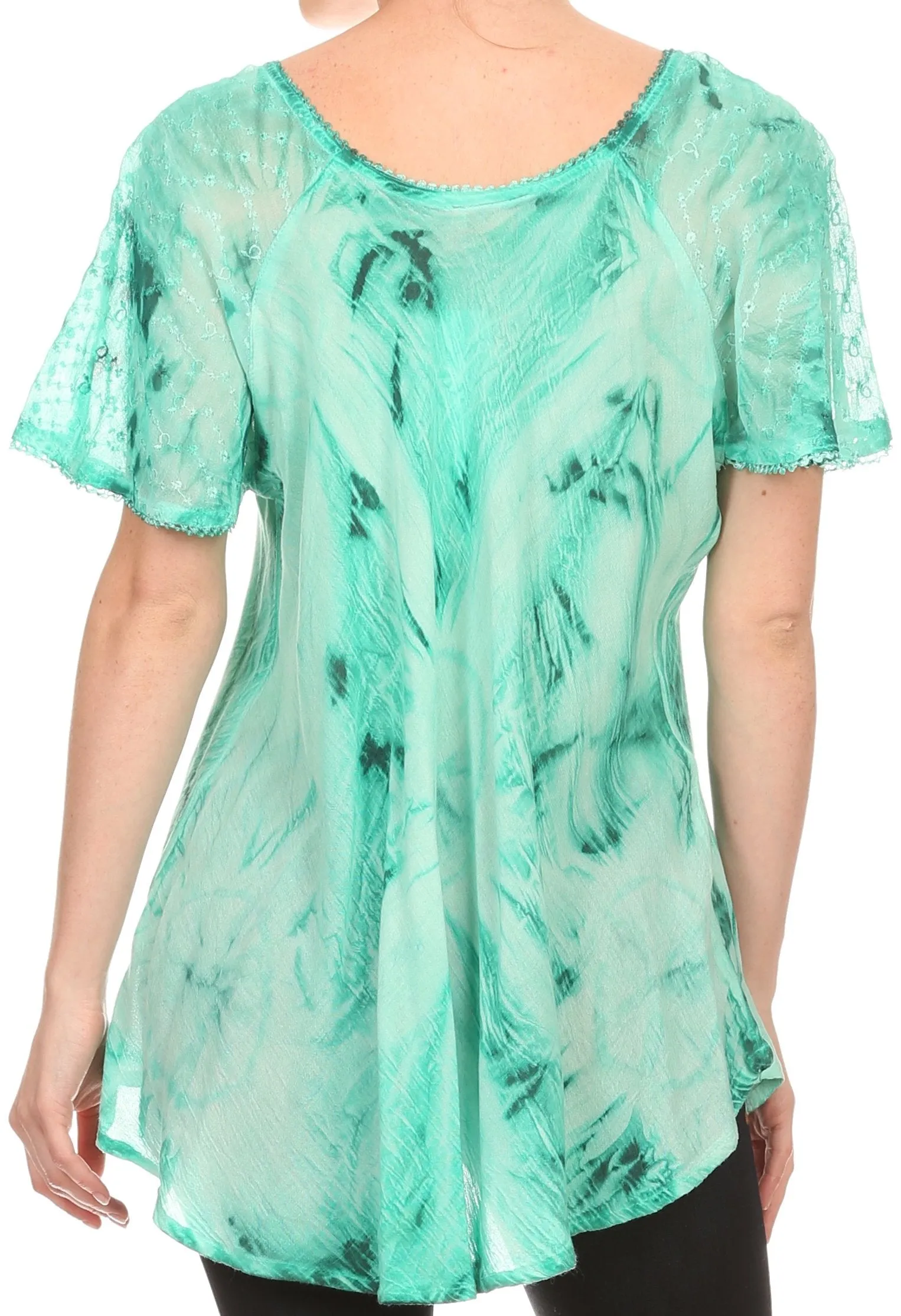 Sakkas Taylay Ombre Tie Dye Batik Long Embroidered Corset Neck Blouse Shirt Top