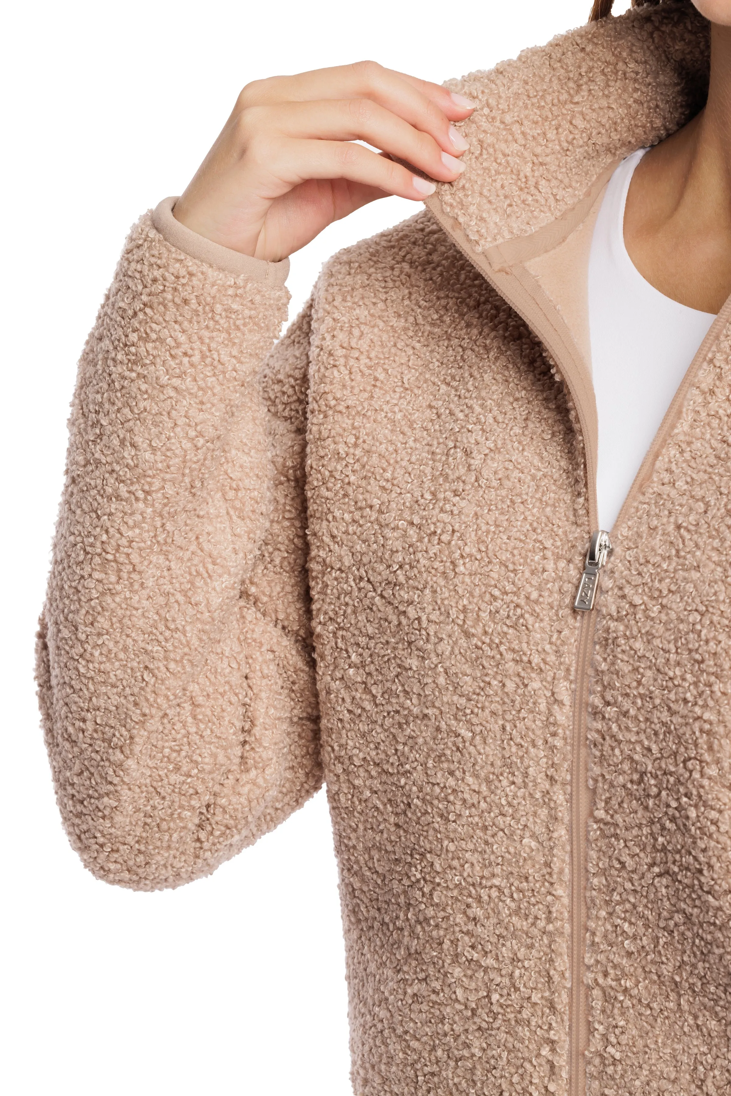 Sara Teddy sherpa zip up jacket in warm taupe