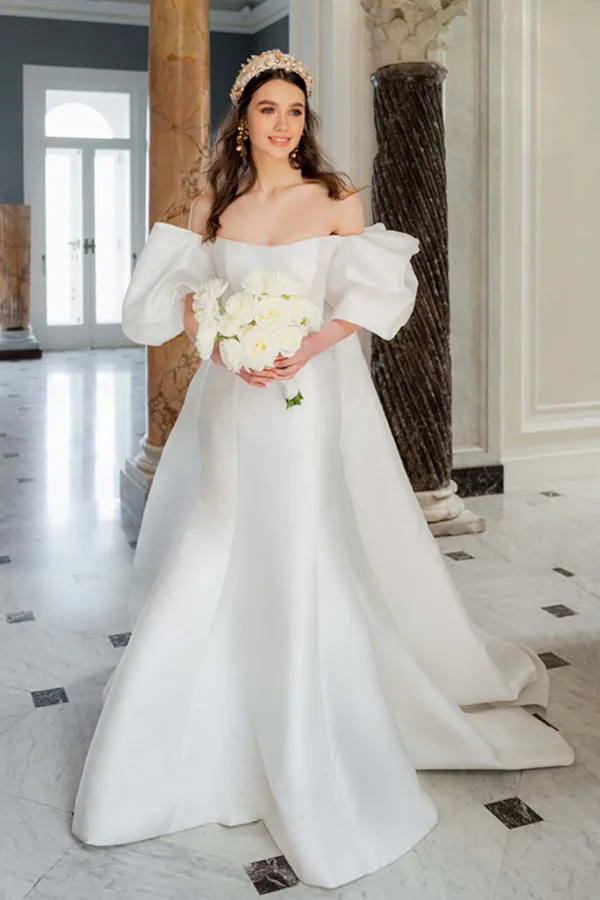 Satin Mermaid Off Shoulder Puff Sleeves Wedding Dress WD754