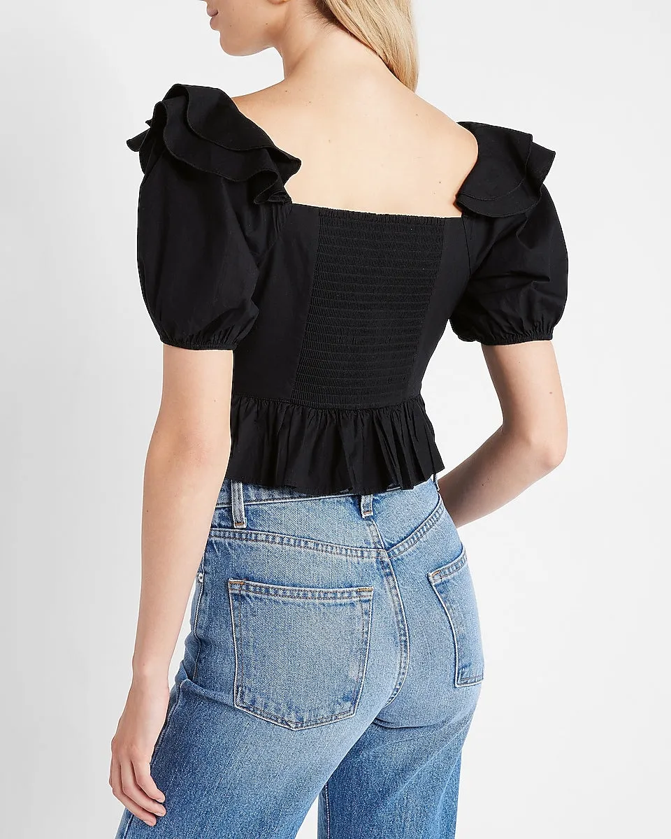 Square Neck Puff Shoulder Cropped Top in Pitch Black