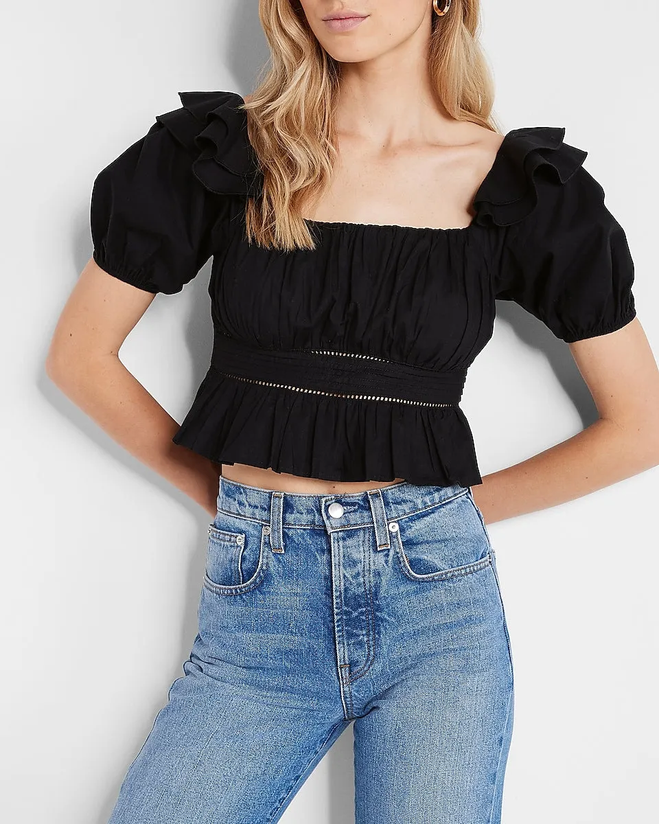 Square Neck Puff Shoulder Cropped Top in Pitch Black