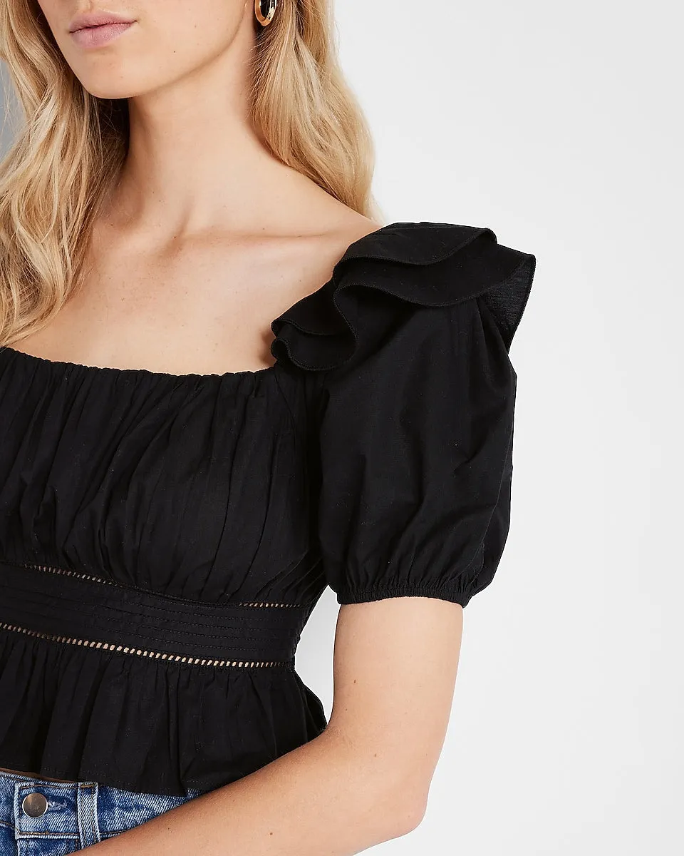 Square Neck Puff Shoulder Cropped Top in Pitch Black