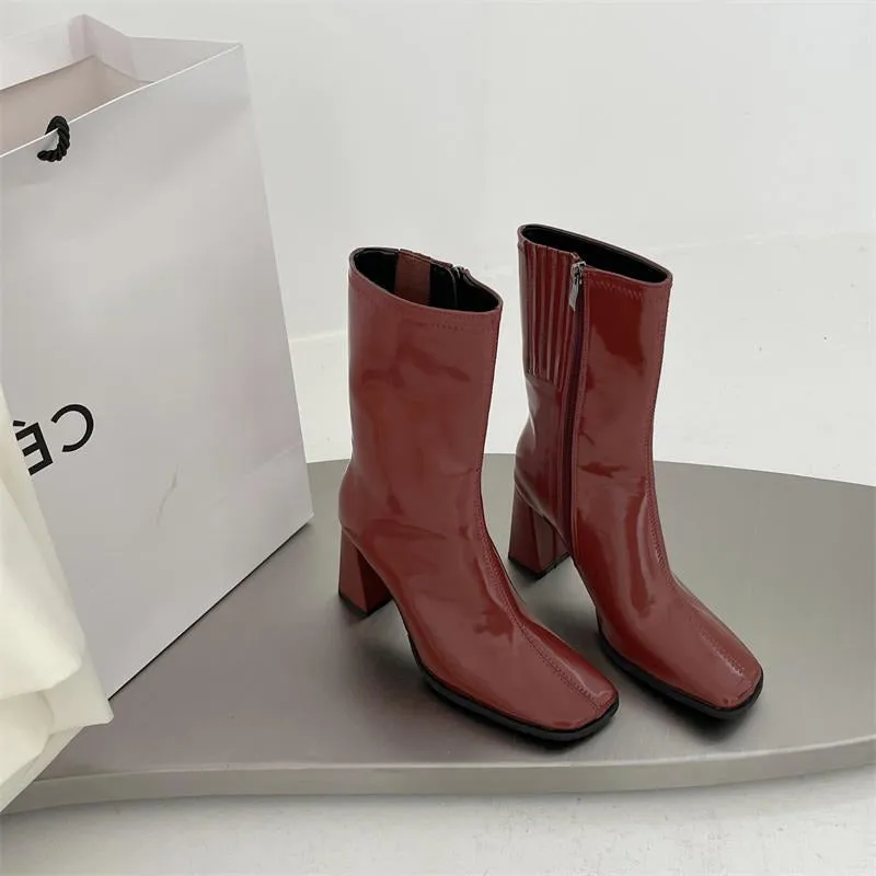 Square Toe High Heeled Short Boots