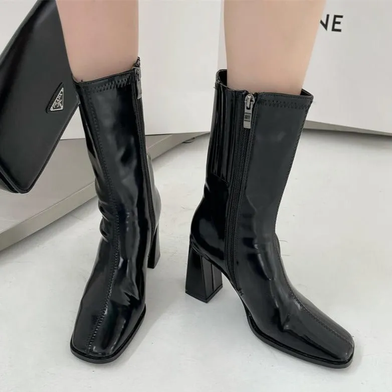 Square Toe High Heeled Short Boots