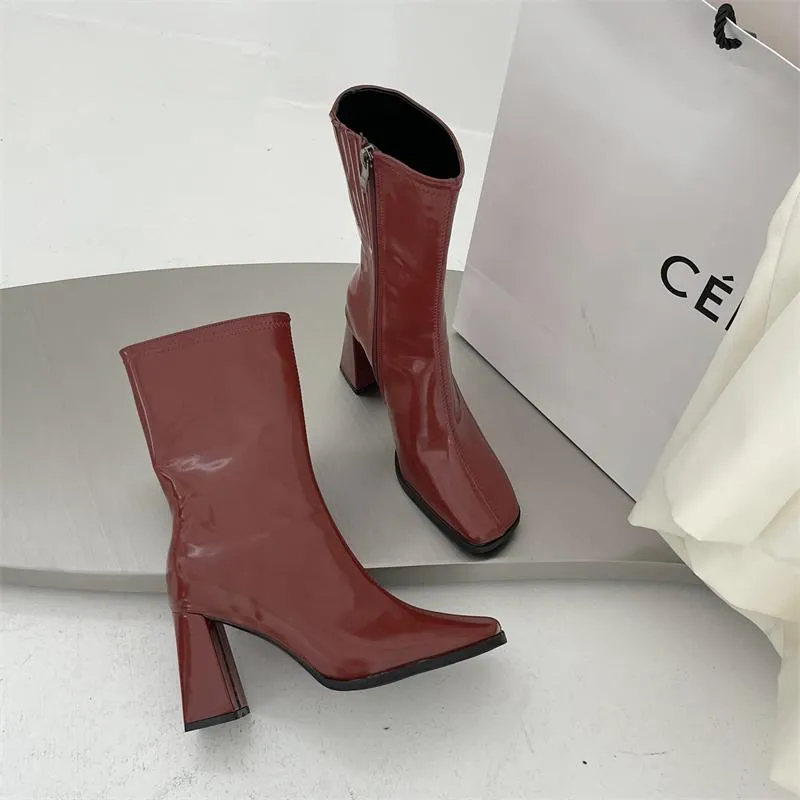 Square Toe High Heeled Short Boots