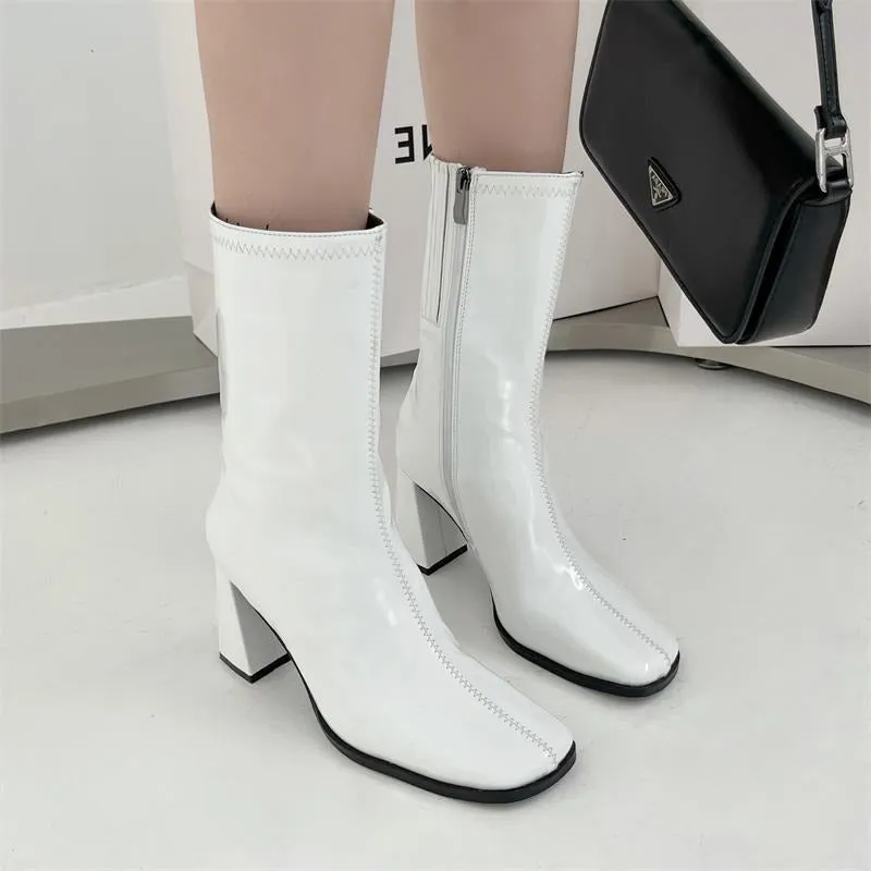 Square Toe High Heeled Short Boots