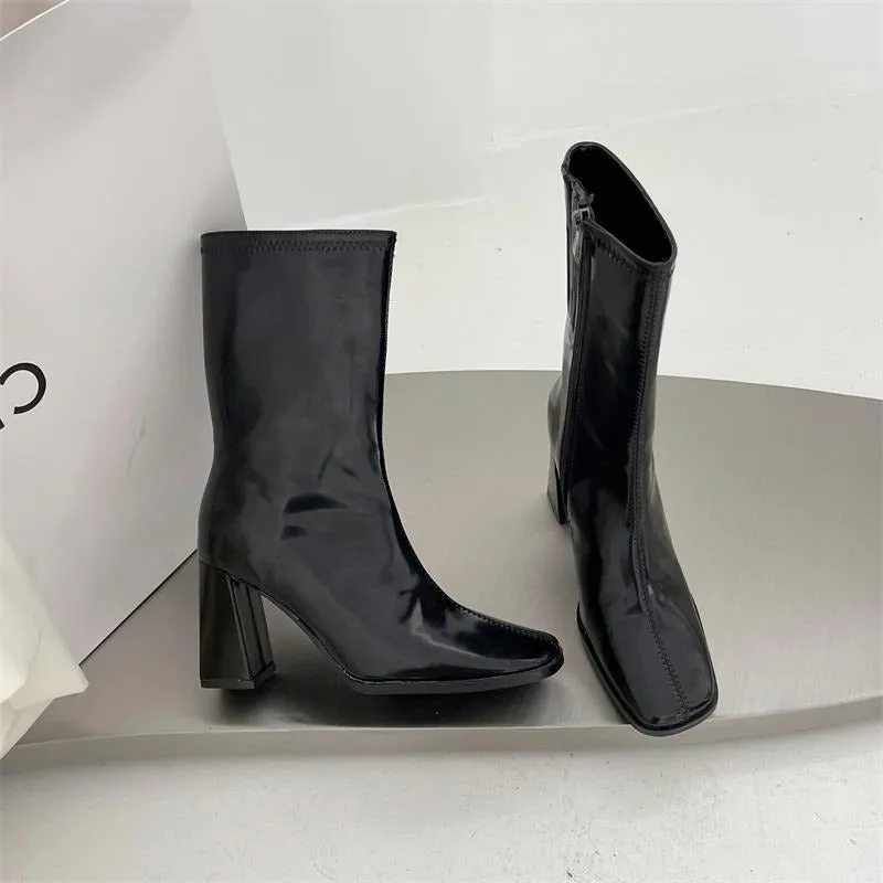 Square Toe High Heeled Short Boots