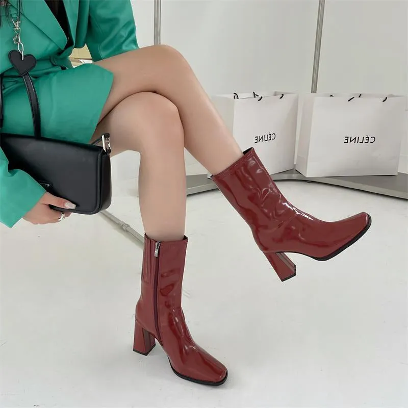 Square Toe High Heeled Short Boots