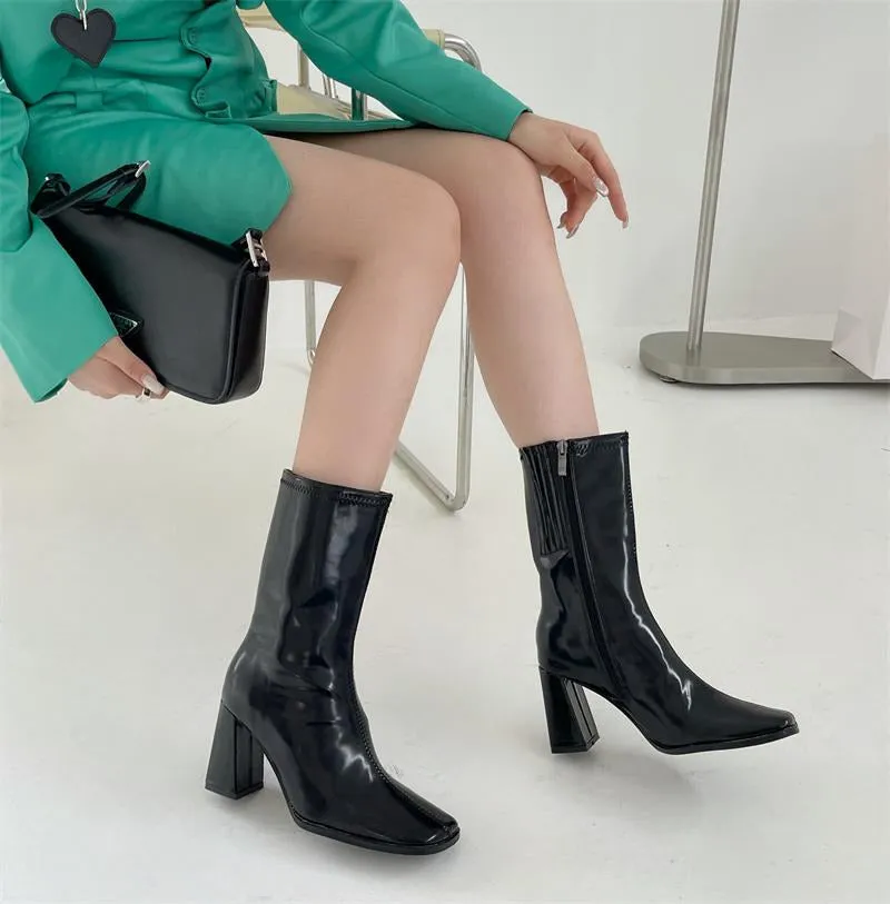 Square Toe High Heeled Short Boots