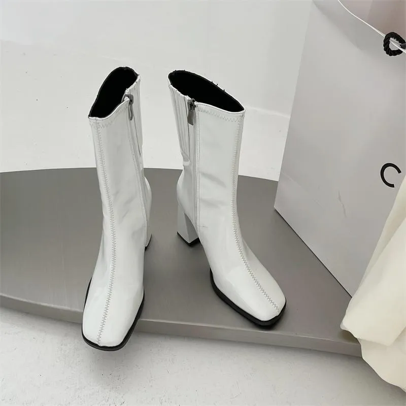 Square Toe High Heeled Short Boots