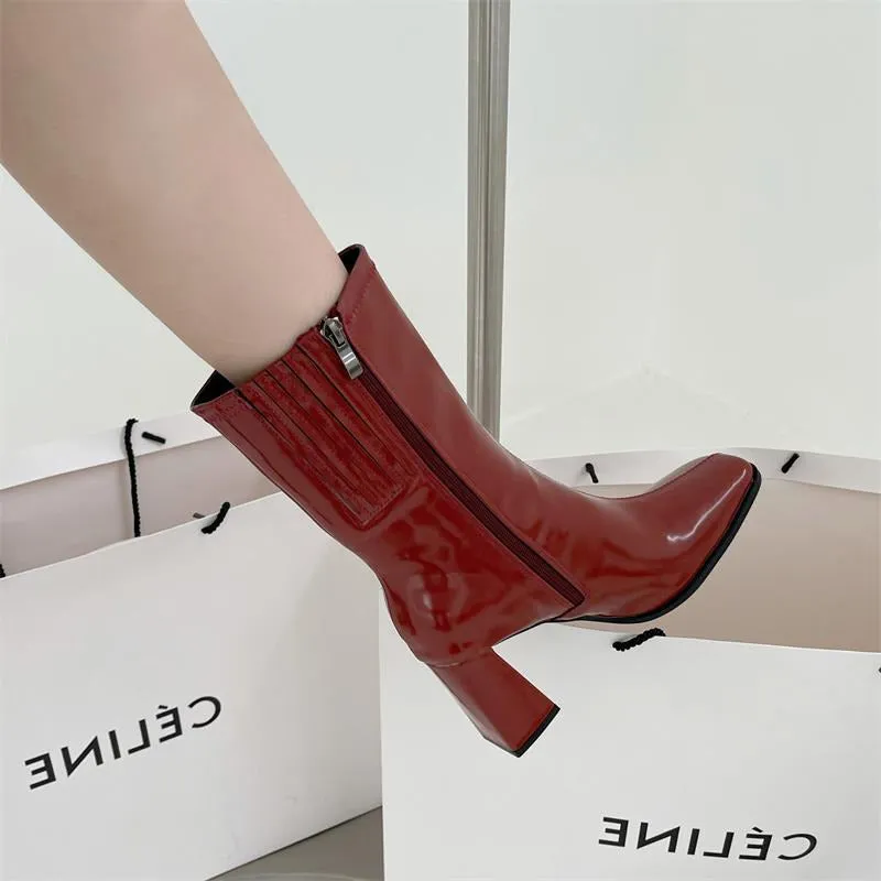 Square Toe High Heeled Short Boots