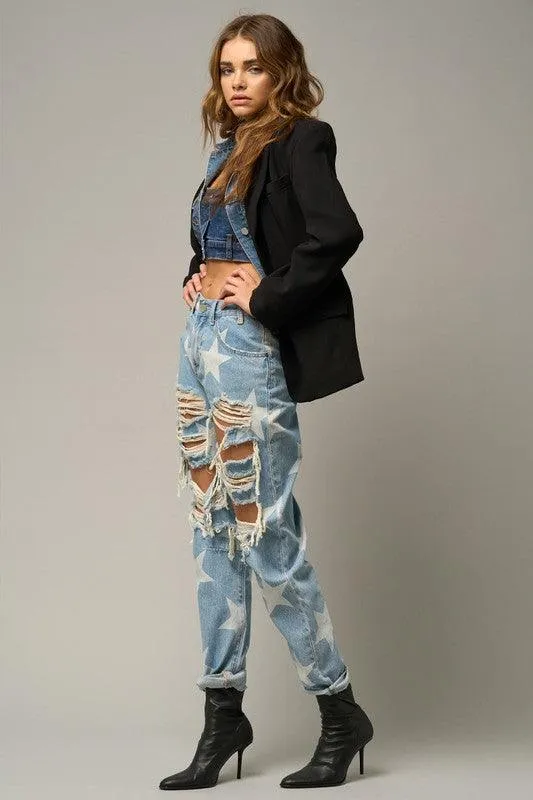 Star Print Ripped Slouchy Jeans