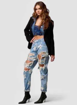 Star Print Ripped Slouchy Jeans