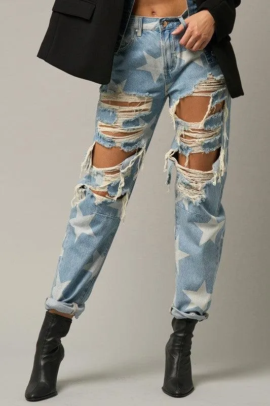 Star Print Ripped Slouchy Jeans