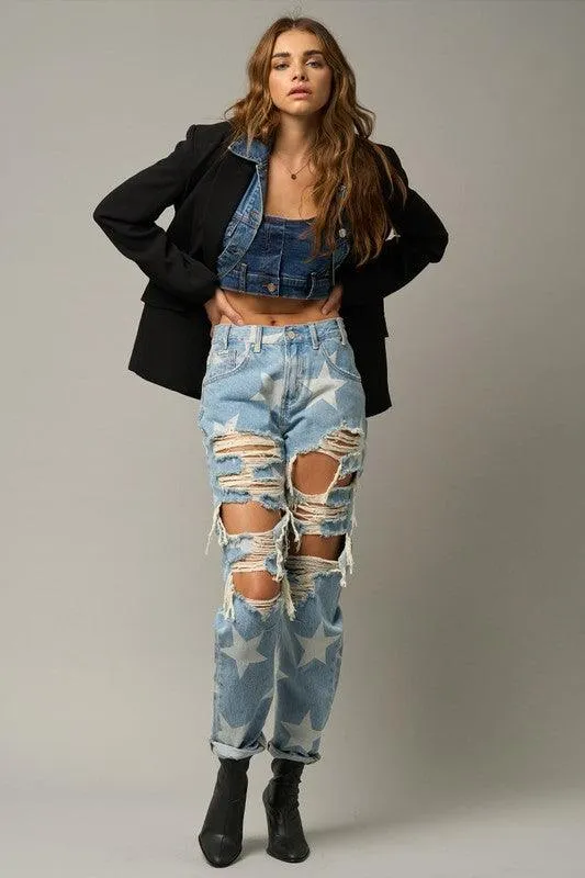 Star Print Ripped Slouchy Jeans