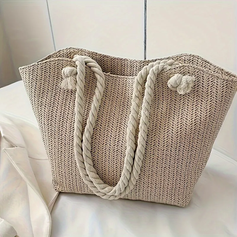 Straw Woven Tote Bag, Large Capacity Shoulder Bag, Women's Casual Handbag For Beach Travel Vacation