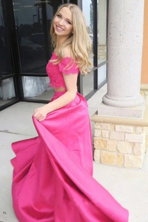 Two Piece Off-the-Shoulder Short Sleeves Fuchsia Prom Dress with Pockets PSK120